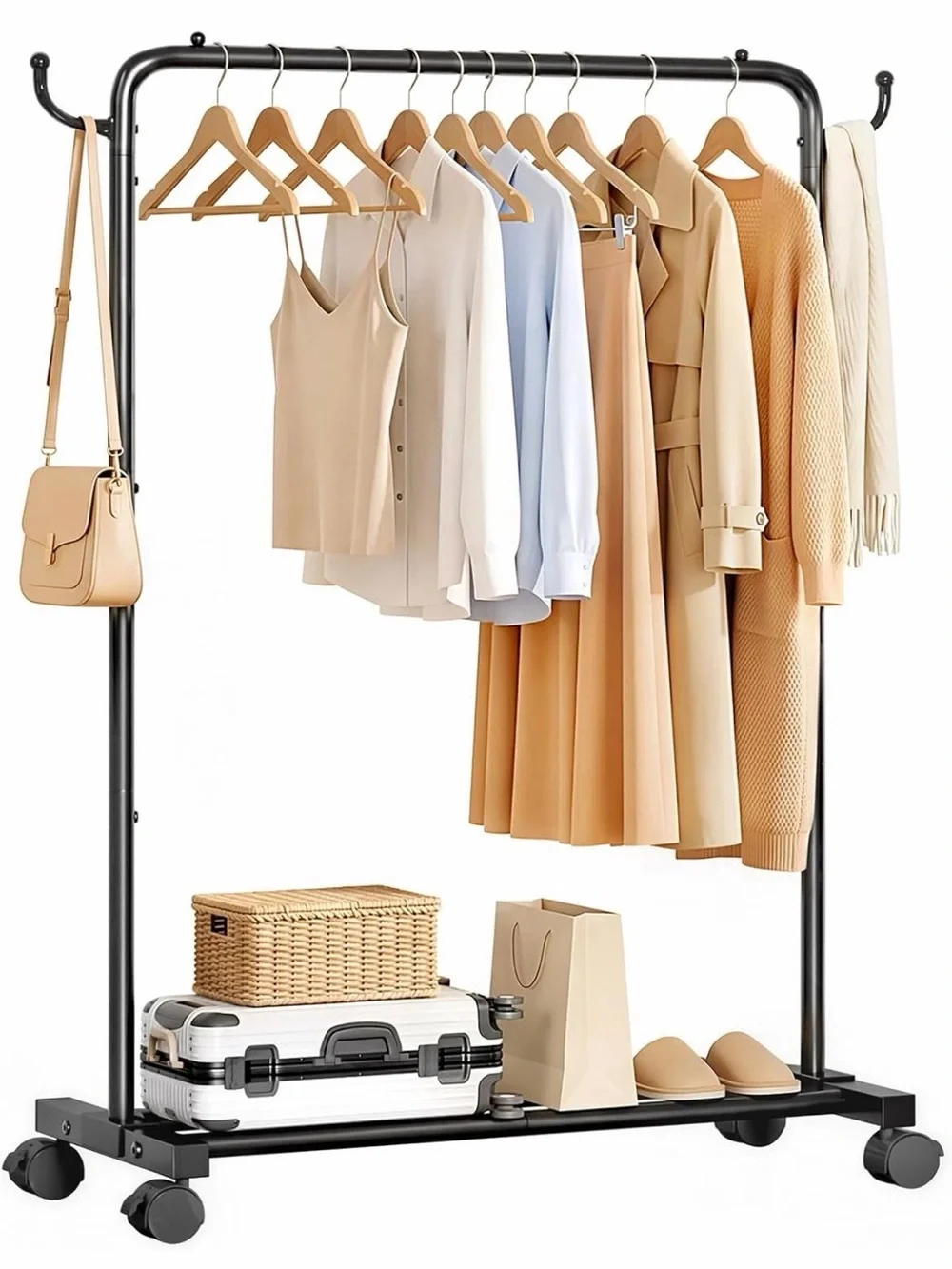 Portable Clothes Rack for Bedroom: 4 Lockable Wheel Move Room-to-Room Laundry to
